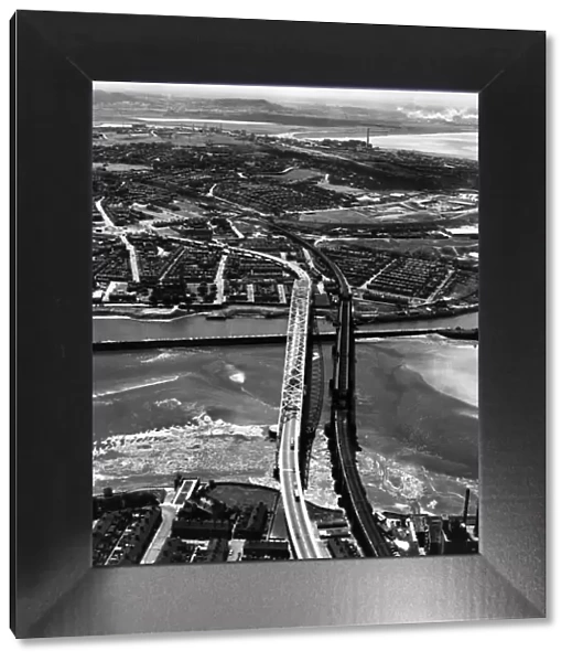 Aerial view showing the new Runcorn - Widnes bridge across the River Mersey