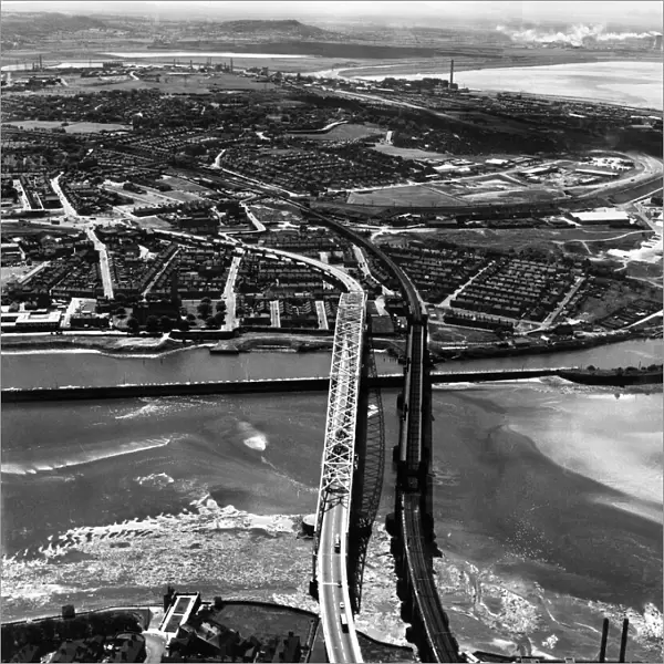 Aerial view showing the new Runcorn - Widnes bridge across the River Mersey