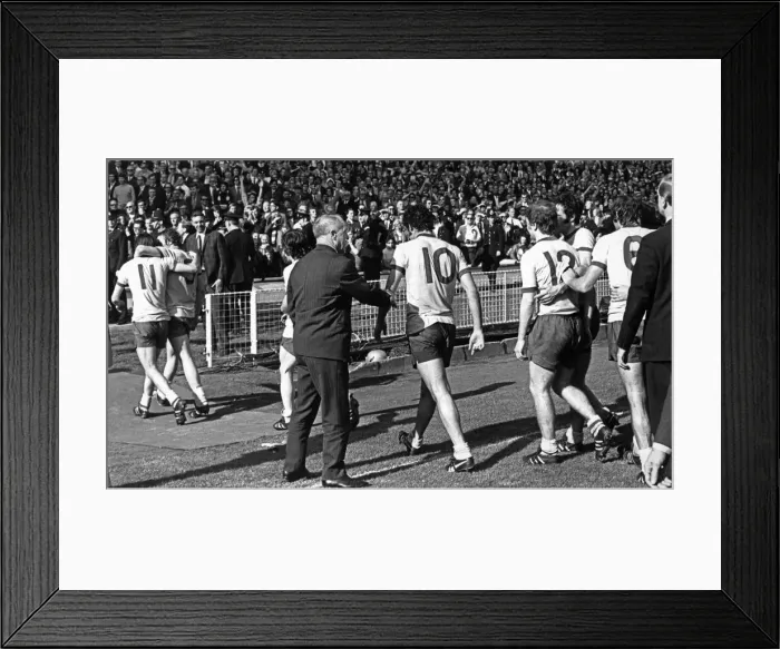 Framed Print : Liverpool manager Bill Shankly goes forward to congratulate the Arsenal players as they Framed Print : Liverpool manager Bill Shankly goes forward to congratulate the Arsenal players as they