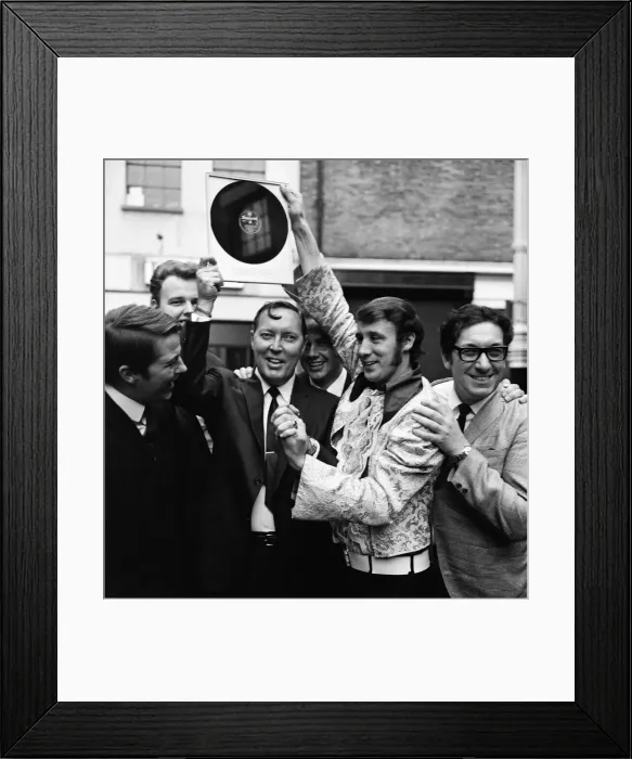 Framed Print : Bill Haley of the Comets, on a tour of Britain, is presented by Freddie Lee with an Framed Print : Bill Haley of the Comets, on a tour of Britain, is presented by Freddie Lee with an