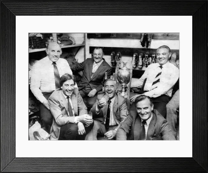 Framed Print : Liverpool manager Bob Paisley in the boot room with his staff left to right Framed Print : Liverpool manager Bob Paisley in the boot room with his staff left to right