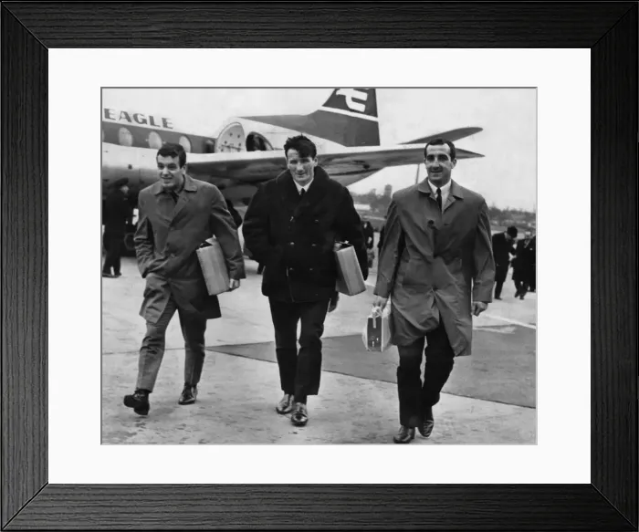 Framed Print : Liverpool footballers Ian Callaghan, Tommy Smith and Gerry Byrne arrive at Speke Airport Framed Print : Liverpool footballers Ian Callaghan, Tommy Smith and Gerry Byrne arrive at Speke Airport