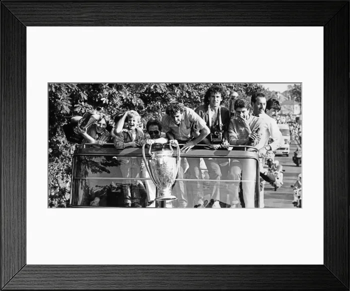 Framed Print : Liverpol celebrate their treble win at the end of the 1983 -84 season as they parade Framed Print : Liverpol celebrate their treble win at the end of the 1983 -84 season as they parade
