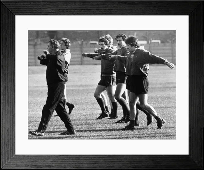 Framed Print : Members of the Liverpool first team are given breathing exercises by trainer Joe Fagan Framed Print : Members of the Liverpool first team are given breathing exercises by trainer Joe Fagan