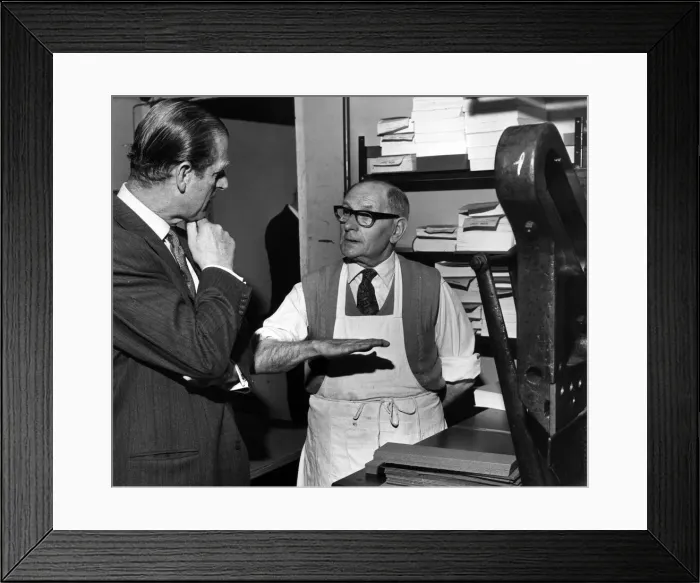 Framed Print : Prince Philip, Duke of Edinburgh visits Liverpool. Mr David Packwood tells the Duke about Framed Print : Prince Philip, Duke of Edinburgh visits Liverpool. Mr David Packwood tells the Duke about