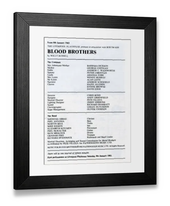 Framed Print : The cast list for Blood Brothers at the Liverpool Playhouse, 1983