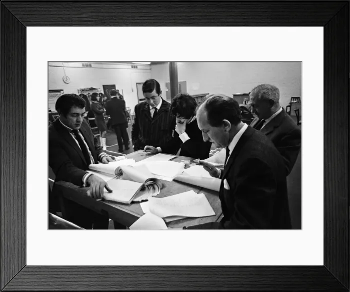 Framed Print : Dick Clement (2nd left) and Ian La Frenais (3rd left), scriptwriters for the Mr