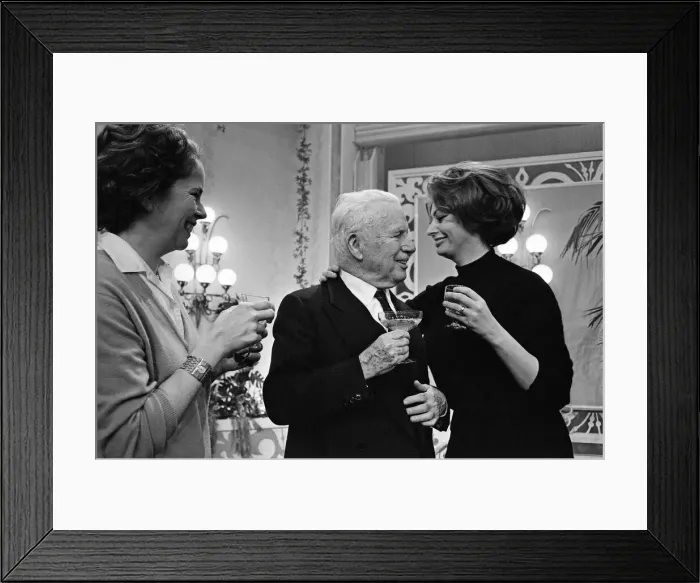 Framed Print : Charlie Chaplin celebrates his 77th birthday on the set at Pinewood where he is making a