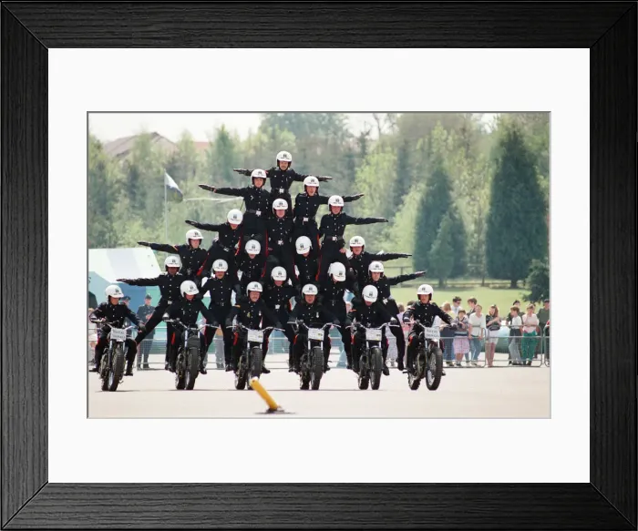 Framed Print : Royal Signals White Helmet Motorcycle Display Team. May 1990 Framed Print : Royal Signals White Helmet Motorcycle Display Team. May 1990