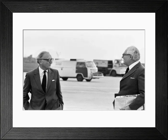 Framed Print : Foreign Secretary Lord Carrington with former Prime Minister James Callaghan at Heathrow Framed Print : Foreign Secretary Lord Carrington with former Prime Minister James Callaghan at Heathrow