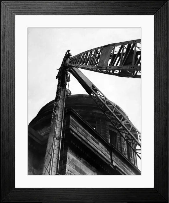 Framed Print : Customs House Demolition. A 10 ton Derrick crane is being erected behind the Customs