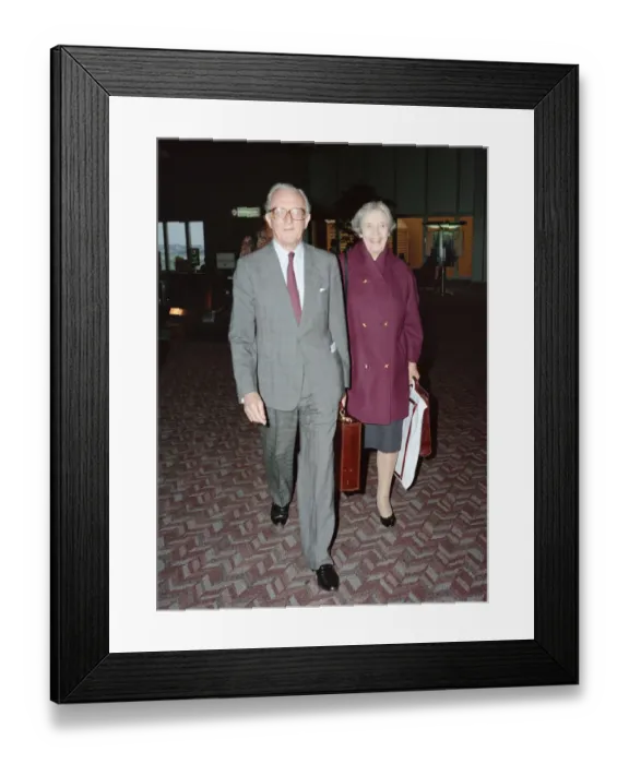 Framed Print : Lord and Lady Carrington arrive at Heathrow Airport, London. October 1991 Framed Print : Lord and Lady Carrington arrive at Heathrow Airport, London. October 1991