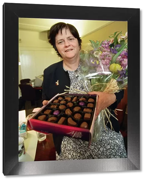 Ann Widdecombe MP in her Parliament office with chocolates