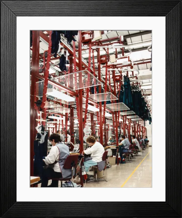 Framed Print : General view showing workers at the Laura Ashley textiles factory in Carno, Powys, Wales Framed Print : General view showing workers at the Laura Ashley textiles factory in Carno, Powys, Wales