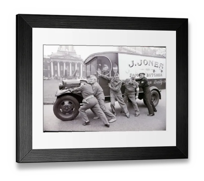 Framed Print : Cast of TV programme Dads Army in costume for the opening of Framed Print : Cast of TV programme Dads Army in costume for the opening of