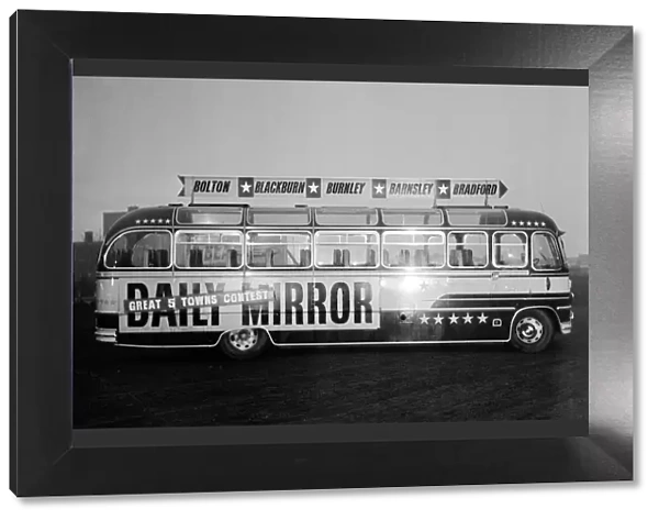 Daily Mirror Bus with signage promoting Great 5 Towns Competition, 5th December 1957