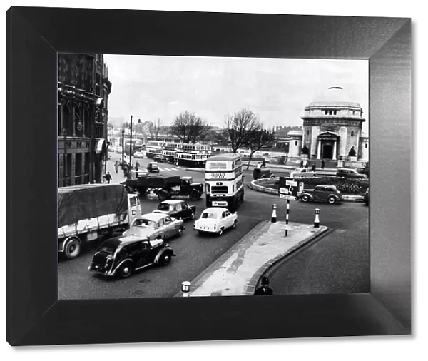 Traffic at Centenary Square, Birmingham, West Midlands. 16th April 1957