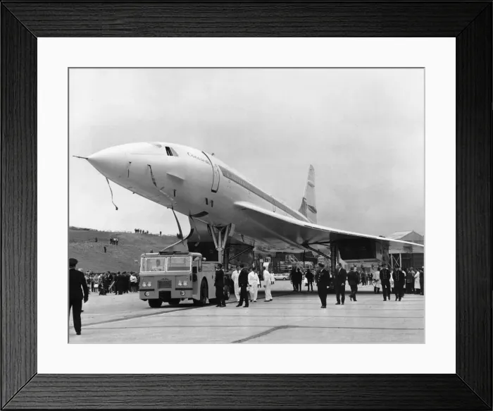 Framed Print : The British Concorde 002 prototype is rolled out from its hanger in which it has been Framed Print : The British Concorde 002 prototype is rolled out from its hanger in which it has been