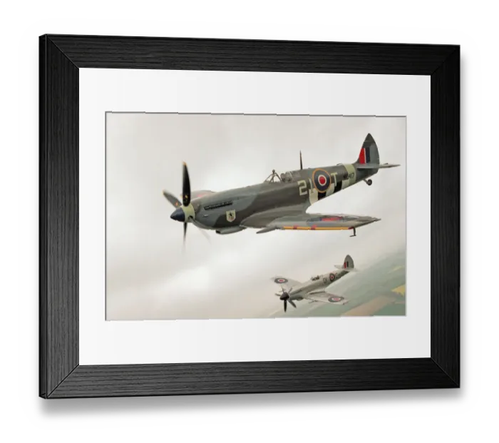Framed Print : A Spitfire Mk IXe (ML417) flying in formation with a Mk XIV Spitfire of the Fighter Framed Print : A Spitfire Mk IXe (ML417) flying in formation with a Mk XIV Spitfire of the Fighter