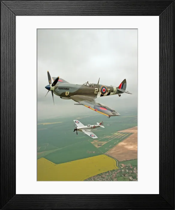 Framed Print : A Spitfire Mk IXe (ML417) flying in formation with a Mk XIV Spitfire of the Fighter Framed Print : A Spitfire Mk IXe (ML417) flying in formation with a Mk XIV Spitfire of the Fighter