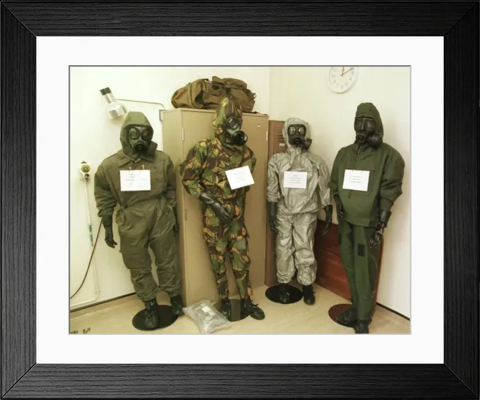 Framed Print : Porton Down September 1999 protective clothing suits that have been tested by Porton Man