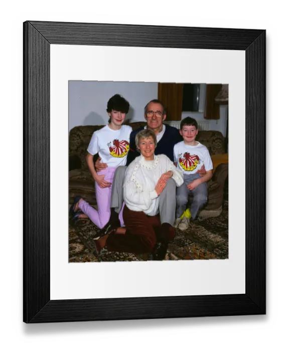 Framed Print : Jim Bowen television presenter 1984 at home with his wife and children
