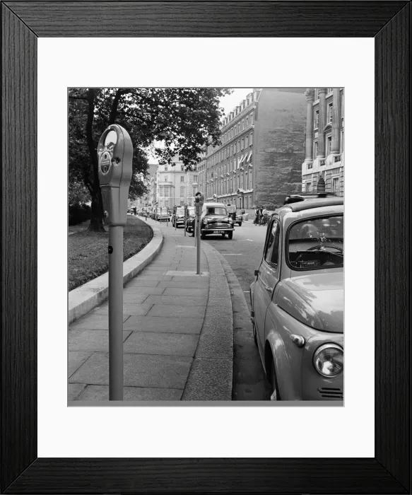 Framed Print : The first parking meter in England. The first parking meters are introduced in Framed Print : The first parking meter in England. The first parking meters are introduced in