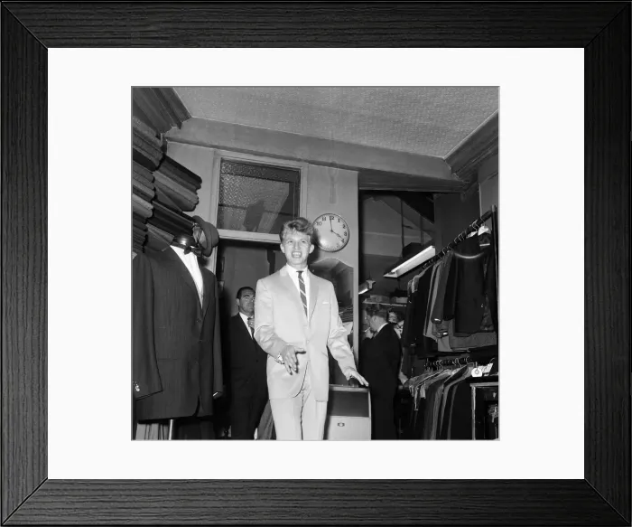 Framed Print : Singer and Actor Tommy Steele tries on his wedding suit. 1960 Framed Print : Singer and Actor Tommy Steele tries on his wedding suit. 1960