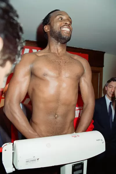 WBC super-middleweight champion Nigel Benn at the weigh-in for his bout with Mauro
