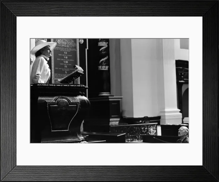 Framed Print : Television chef, Fanny Cradock, speaking from the pulpit, St Mary Woolnoth Church Framed Print : Television chef, Fanny Cradock, speaking from the pulpit, St Mary Woolnoth Church