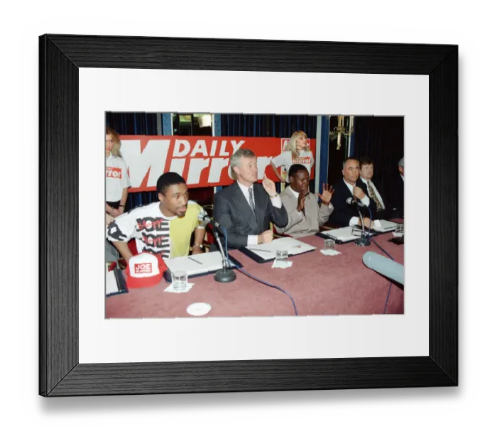 Framed Print : Chris Eubank (right) and Michael Watson with Barry Hearn (centre