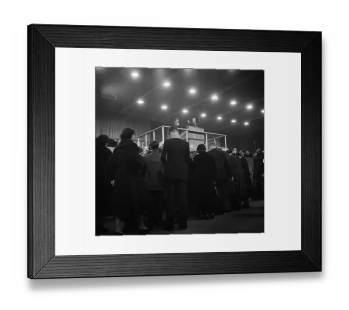 Framed Print : American evangelist Billy Graham addressing a huge crowd of people at Kelvin Hall in