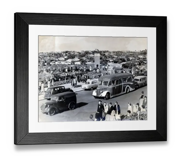 Framed Print : Barry Island - Car parks full as people, cars and buses flock to the beach. c. July 1959 Framed Print : Barry Island - Car parks full as people, cars and buses flock to the beach. c. July 1959