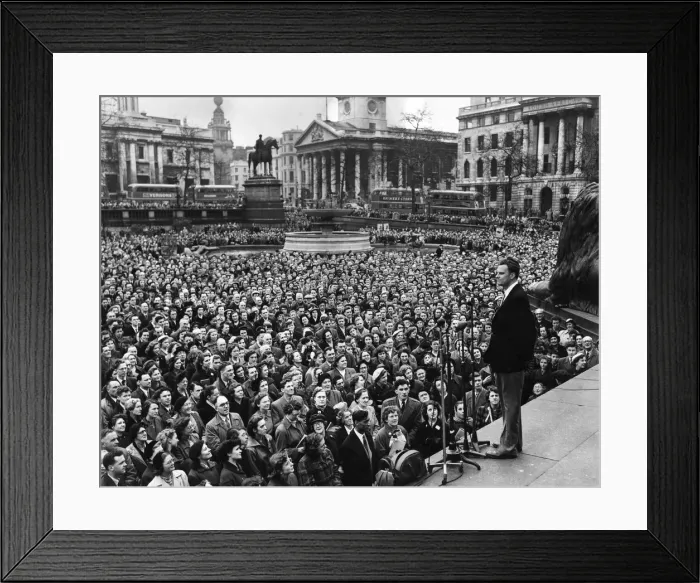 Framed Print : American evangelist Billy Graham speaks to a huge crowd gathered at Traflagar Square in
