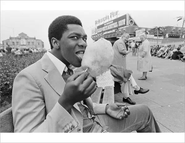 Lenny Henry, comedian, having some fun at Great Yarmouth, Norfolk. June 1978
