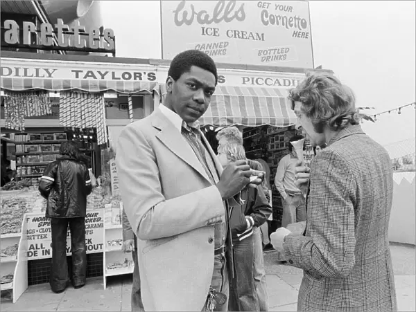 Lenny Henry, comedian, having some fun at Great Yarmouth, Norfolk. June 1978