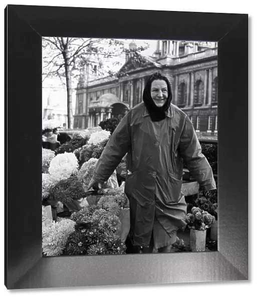 Annie Barr, flower seller at City Hall, Belfast. Northern Ireland. 9th October 1963