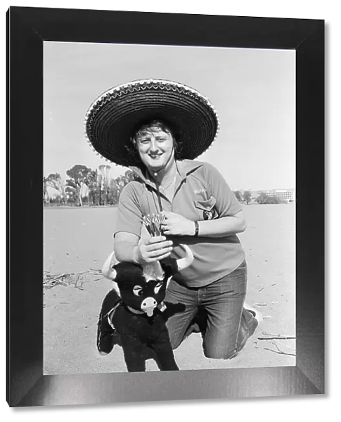 British darts player Eric Bristow poses in a sombrero on the beach at Torremolinos Del