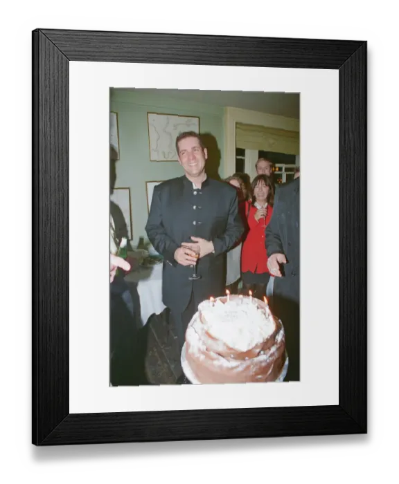 Framed Print : Dale Winton with his cake and friends at his birthday party in 1996