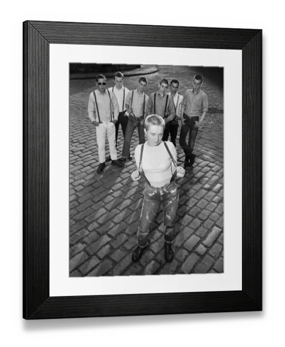 Framed Print : Seventeen year old skinhead teenager Janet Askham poses with her friends at her home in Framed Print : Seventeen year old skinhead teenager Janet Askham poses with her friends at her home in