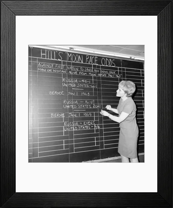 Framed Print : Betting Odds on first man to land on the moon, UK, Friday 4th February 1966 Framed Print : Betting Odds on first man to land on the moon, UK, Friday 4th February 1966