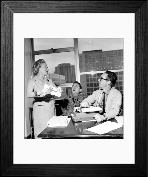 Framed Print : Coronation Street scriptwriters Harry Driver and Vince Powell with Doris Speed who