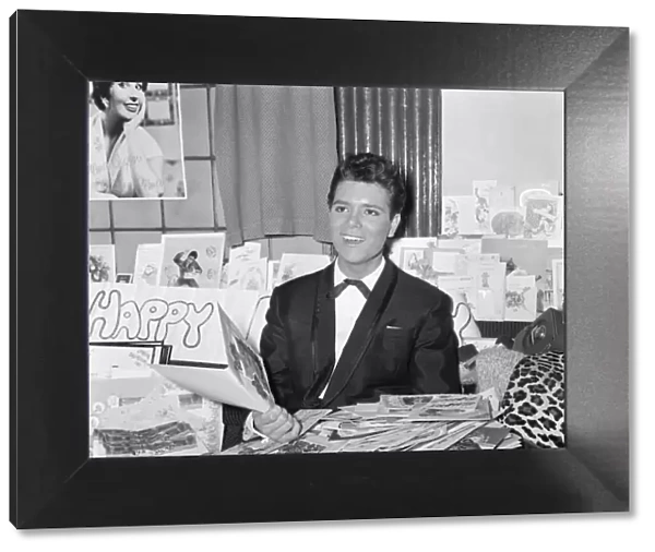 Cliff Richard in the dressing room at the Palladium, with cards for his 20th birthday