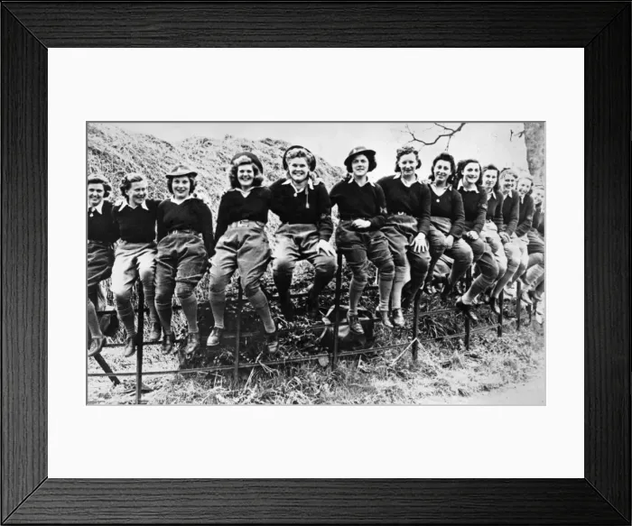 Framed Print : A group of happy looking Land Army girls pose for a group photograph during the Second