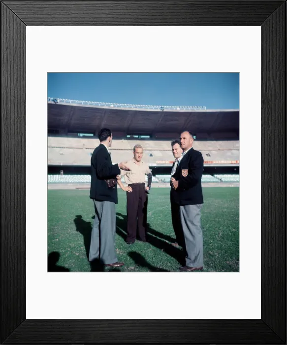 Framed Print : England captain Billy Wright inspects the pitch at the newly opened Maracana Stadium in Framed Print : England captain Billy Wright inspects the pitch at the newly opened Maracana Stadium in