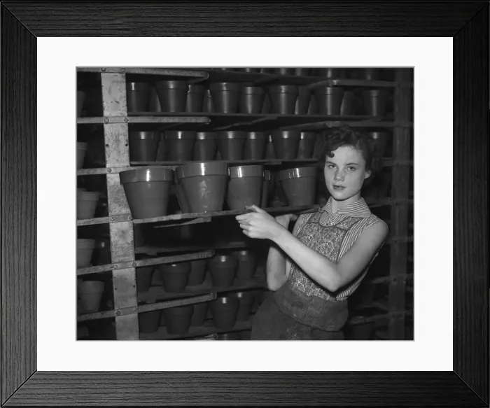 Framed Print : Bilston Pottery 1958 Glazed flower pots being readied for the final firing Framed Print : Bilston Pottery 1958 Glazed flower pots being readied for the final firing