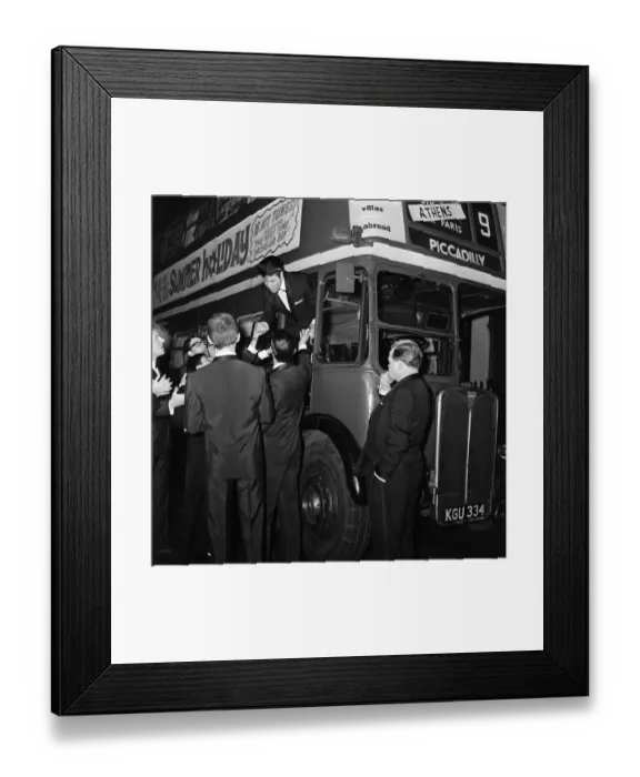 Framed Print : Cliff Richard and some of the Shadows with a hired London Transport bus Framed Print : Cliff Richard and some of the Shadows with a hired London Transport bus