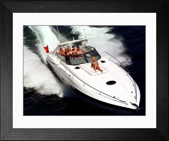 Framed Print : English nightclub owner Peter Stringfellow tries out his new £250 Framed Print : English nightclub owner Peter Stringfellow tries out his new £250