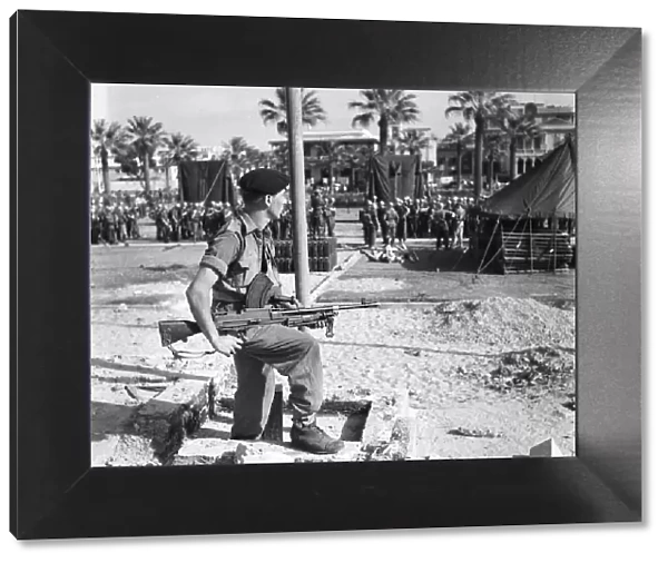 Suez Crisis 1956 Sapper R Griffenof Cardiff stands guard with his Bren gun as