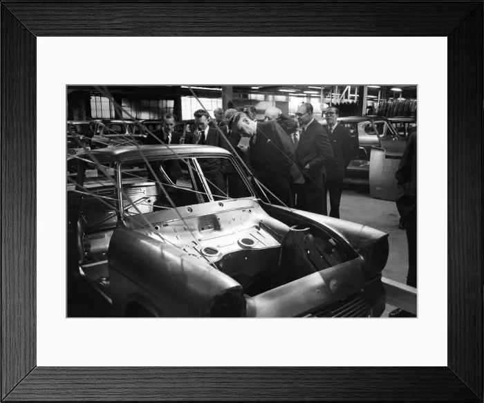 Framed Print : New Ford Anglia cars coming off the production line at the new Ford paint